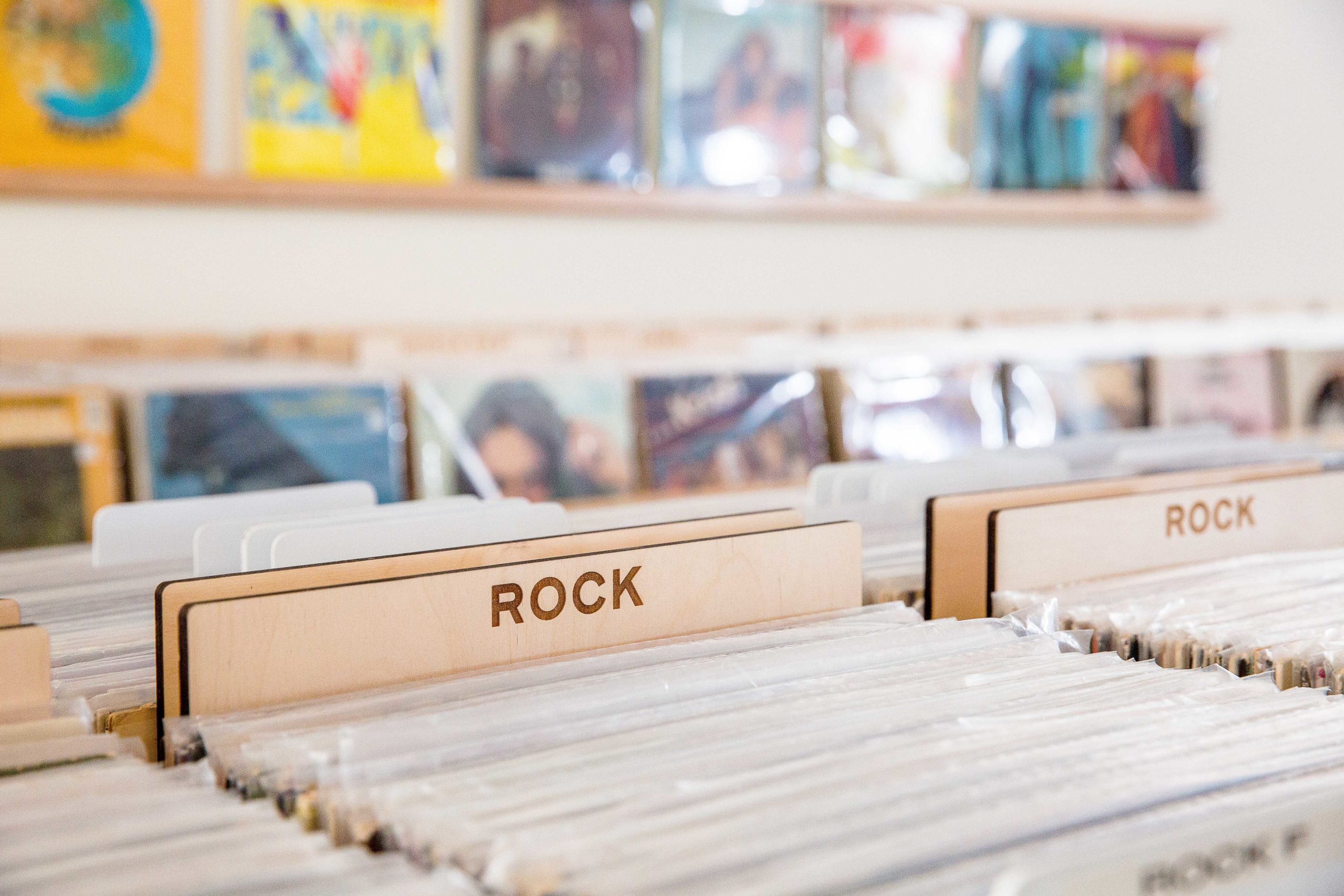 Close up of wooden dividers labeled "rock"