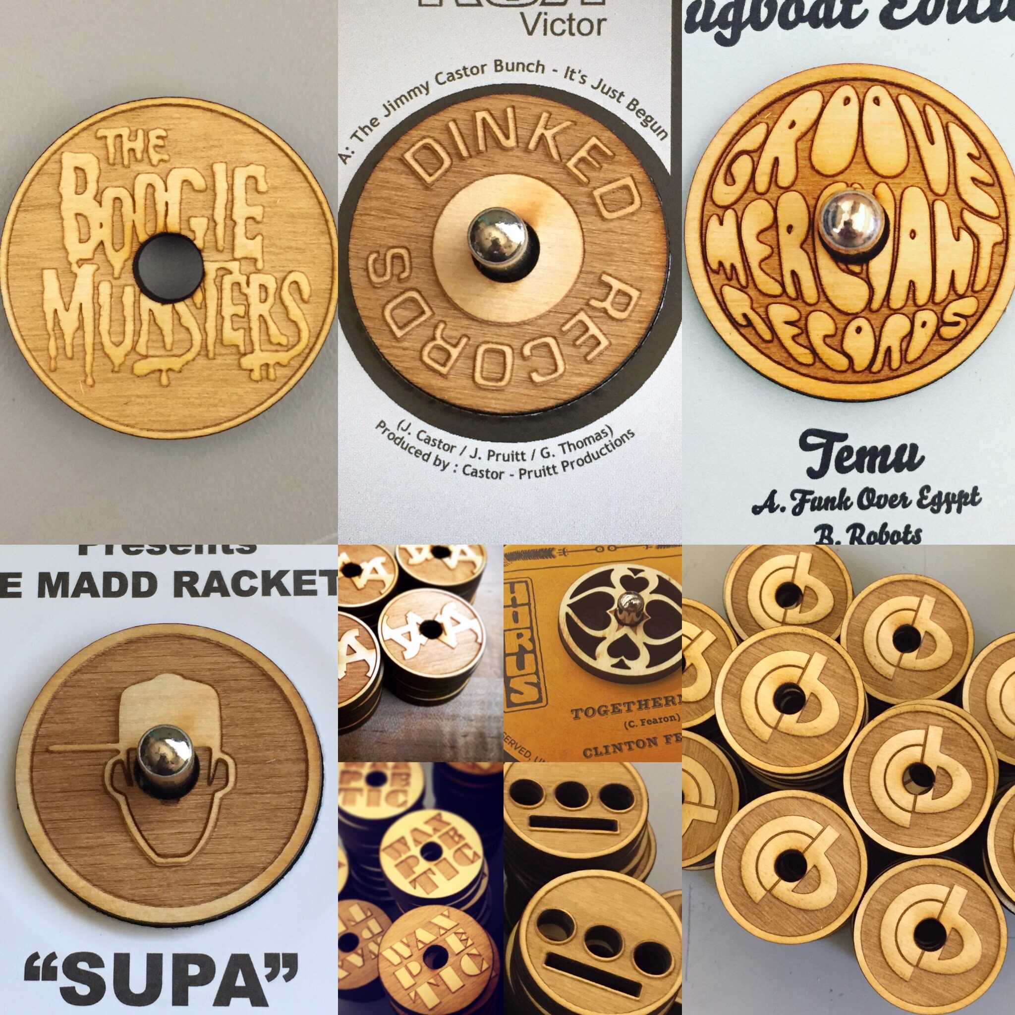 Multiple pictures of wooden, engraved disks