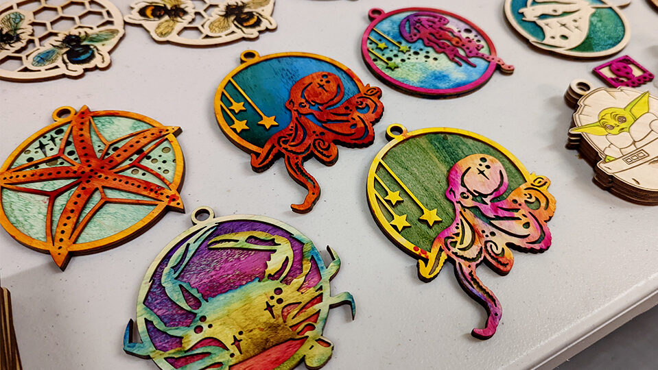 Colorful laser-cut ornaments, ocean design