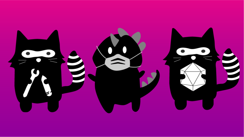 A row of cute critters on a purple pink background
