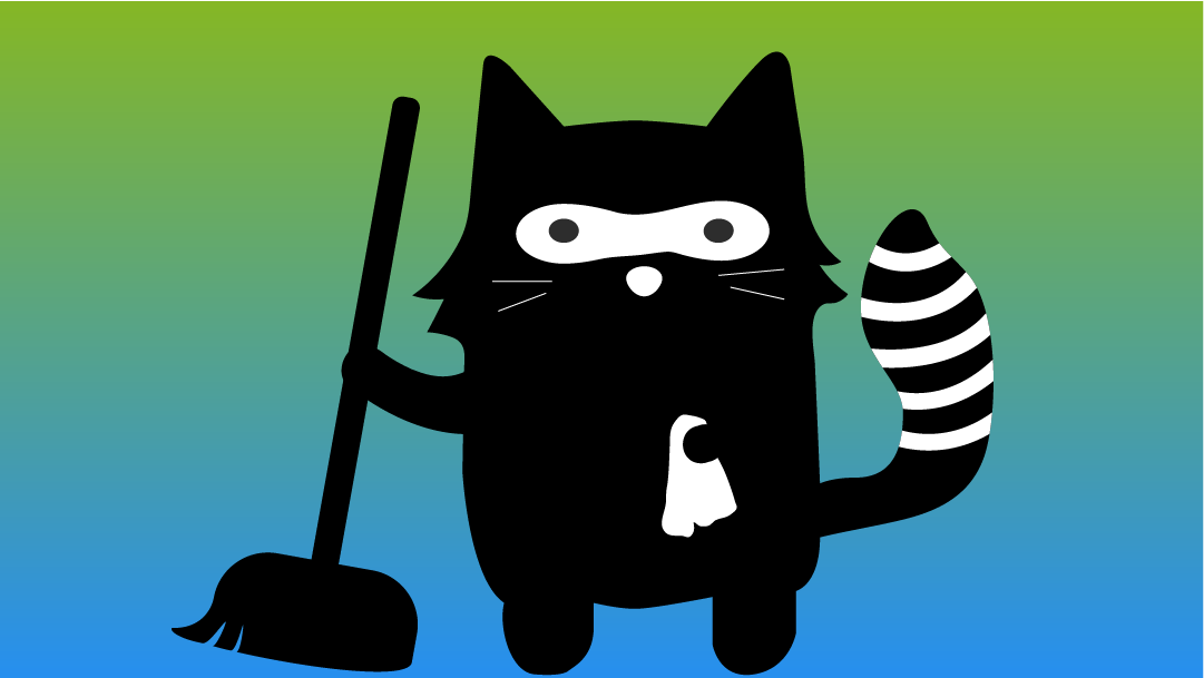 Black and white critter on green and blue gradient background holding broom and rag.