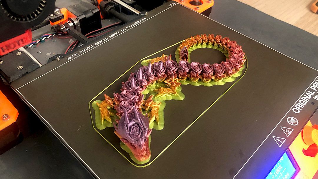 Multicolor 3D printed dragon.