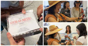 "DYN-O-MITE" box, people holding fake dynamite