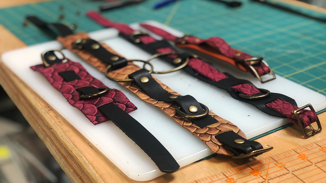 Leather collars on cutting mat
