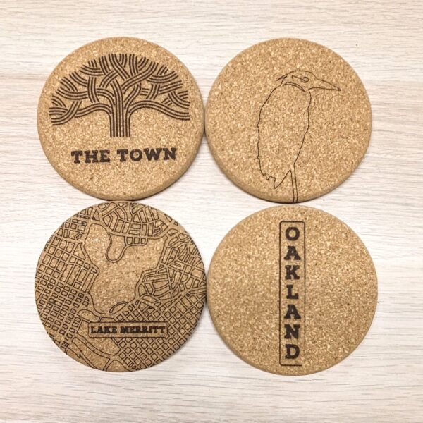 set of 4 Oakland themed cork coasters