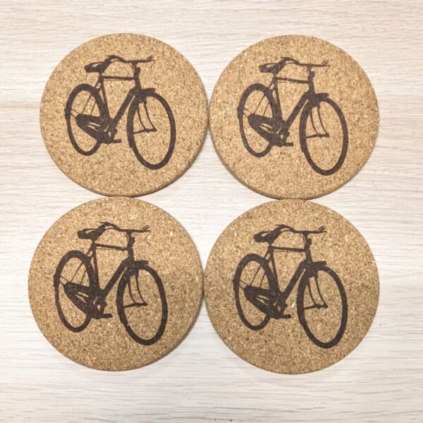 Set of 4 cork coasters with bicycle theme