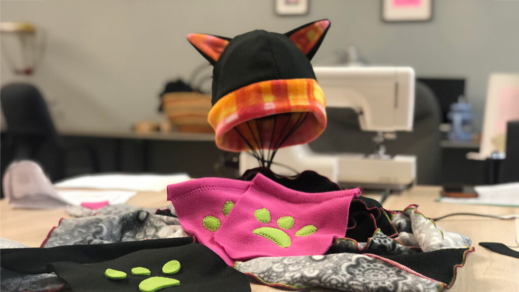 Beanie with ears, fleece paws, fleece scarf