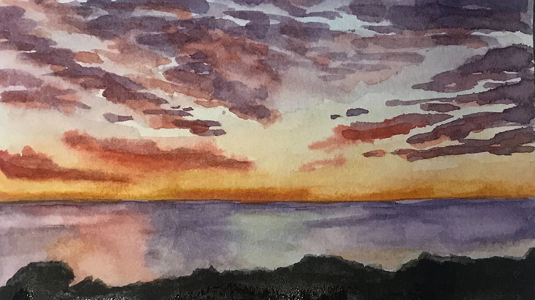 watercolor sunset and ocean