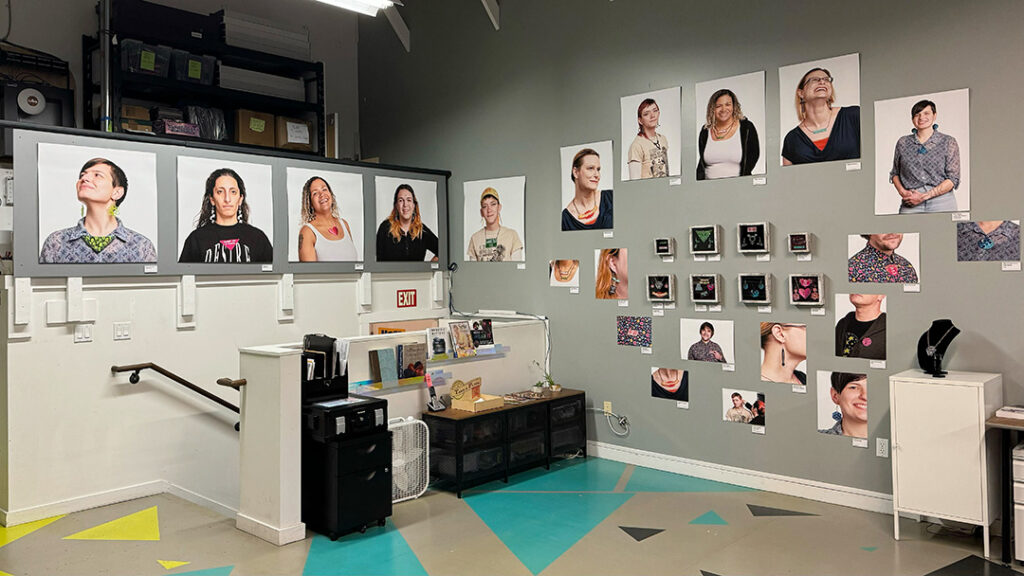 Gallery wall with photo portraits and shadow boxes