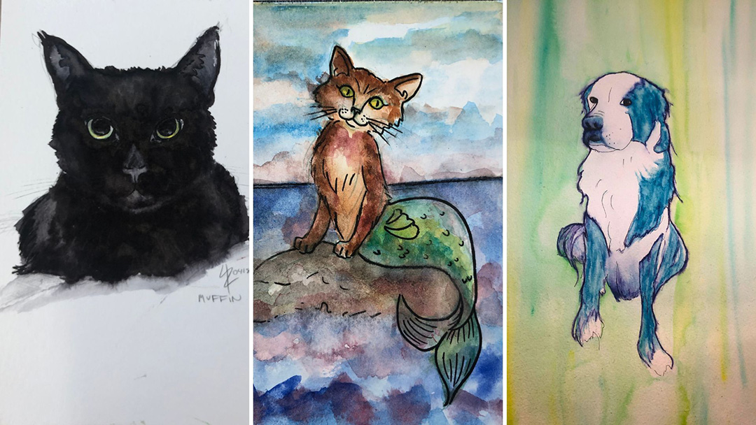 3 watercolor pet portraits, black cat, mermaid cat, dog.