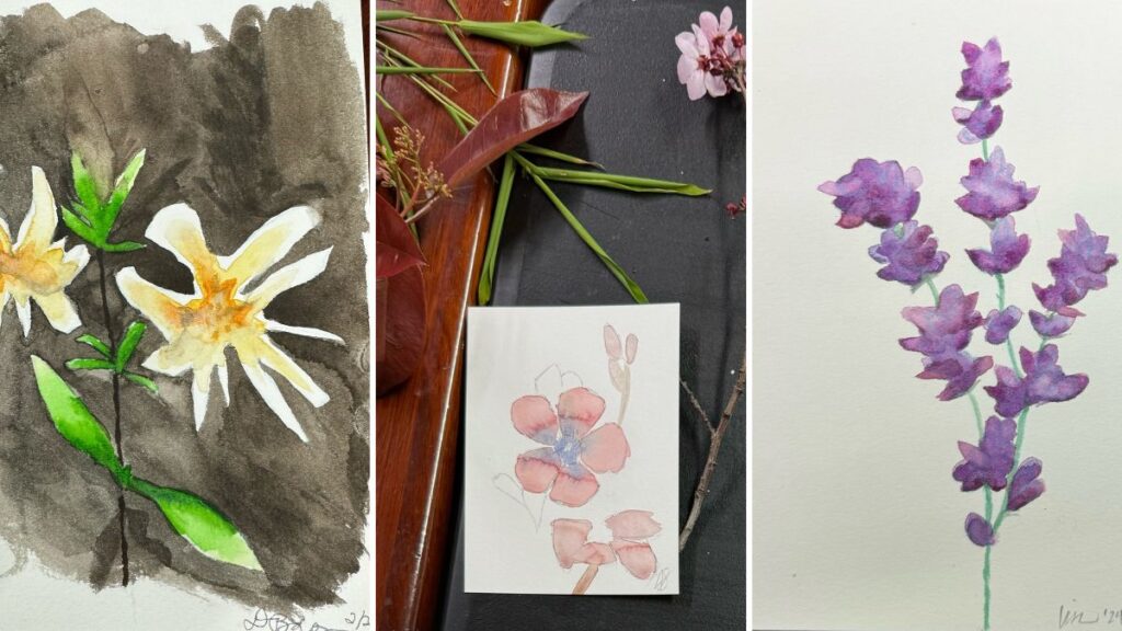 Three watercolor paintings with flowers.