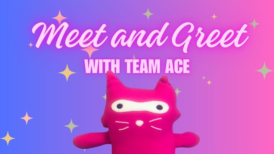 "Meet and Greet with Team Ace" Pink Plushy, gradient blue and pink background.